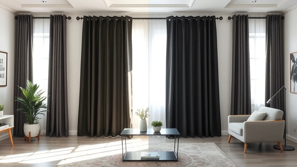 밝은 낮 시간에 암막 커튼의 등급별 차광 효과를 비교 테스트하는 실내 장면